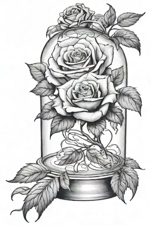 rose in glass dome, beauty and the beast  tattoo design idea