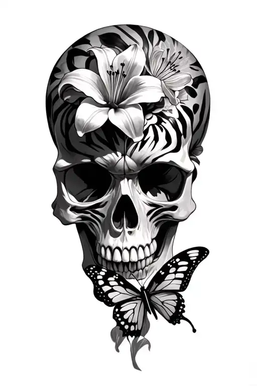 skulls and tiger lilys & butterflys tattoo design idea