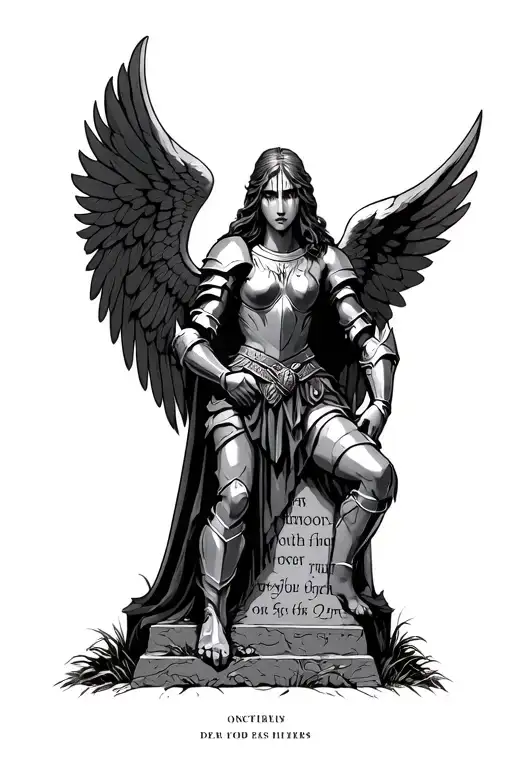 arch angel with armor crying over a grave stone tattoo design idea
