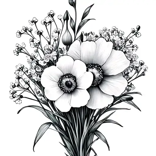 baby's breath, poppy, violet, snowdrop, narcissus bouquet fine line drawing tattoo design idea