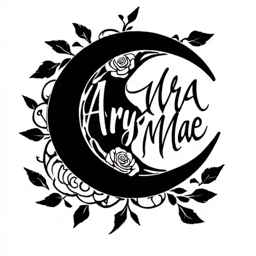 Arya Mae written inside of crescent moon surrounded by rose pedals tattoo design idea