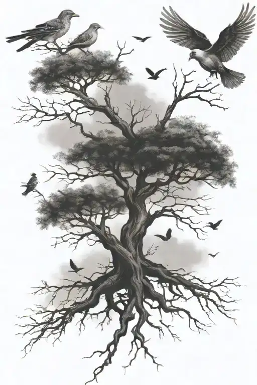 tree branches roots birds flying away tattoo design idea