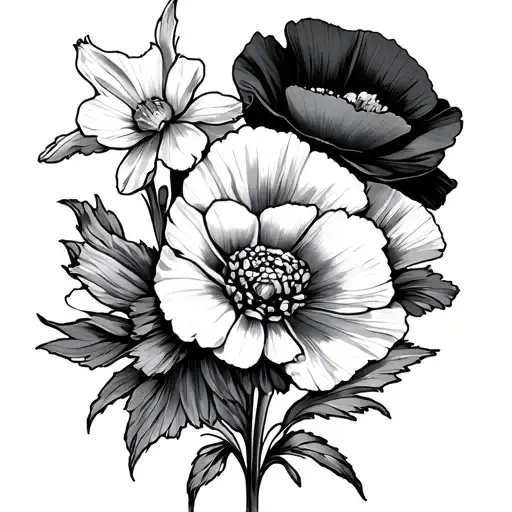 carnation, snow drop, violet, daffodil, jonquil, poppy in a simple bunch tattoo design idea