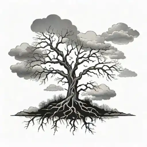 leafless tree with cross next to it and clouds surrounding tattoo design idea