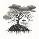 leafless tree with cross next to it and clouds surrounding tattoo design idea