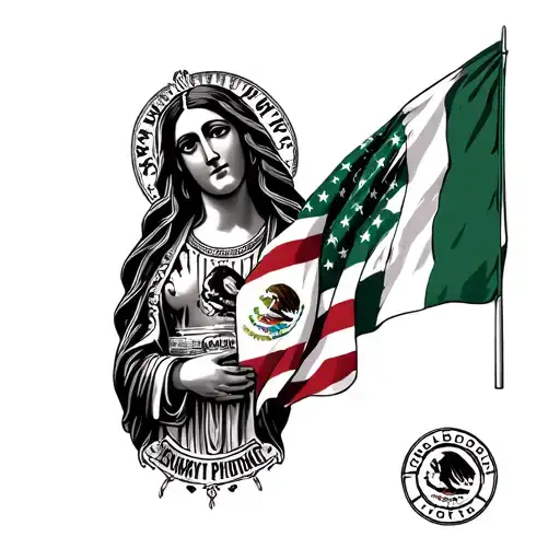 Virgin of Guadalupe loading cholo dead with a flag of Mexico and USA and two Lowrider back tattoo design idea