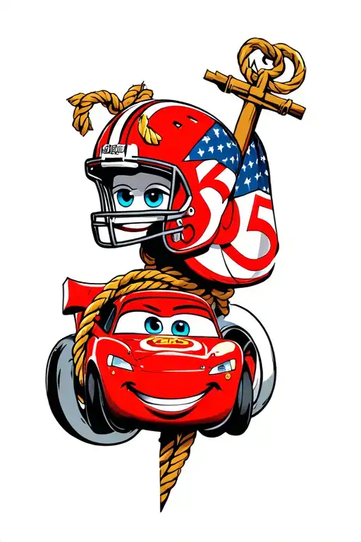Lightning McQueen, number 95, wearing an American football helmet, carrying an anchor with a rope on his back and dresse tattoo design idea