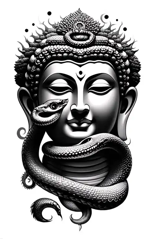 god buddha face and snake  tattoo design idea