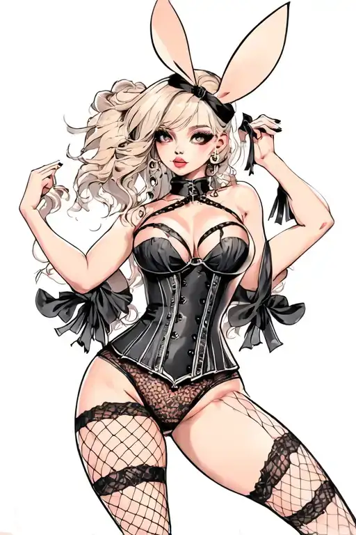 Playboy girl, sexy, wide hips, petite, Huge boobs, corset, fishnet stockings, G-String, cleavage, stripper  tattoo design idea