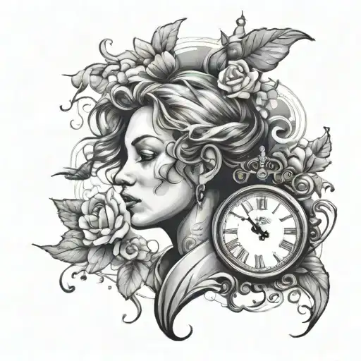 Create a tattoo featuring a silhouette of a loved one's portrait with a clock and calendar to represent the passage of time and memories shared tattoo design idea