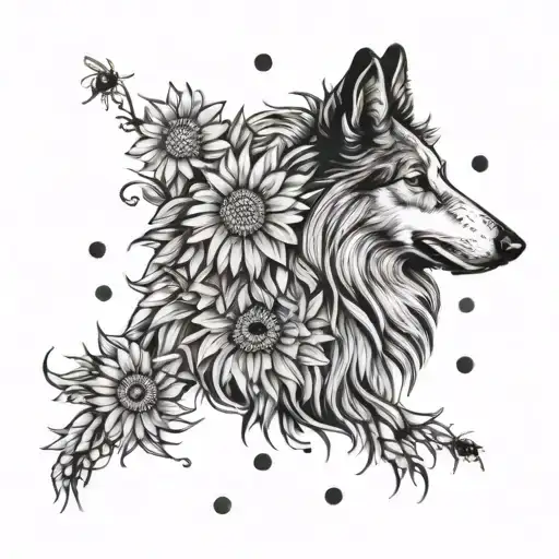 An intricate design of a rough collie dog surrounded by sunflowers and ladybugs tattoo design idea
