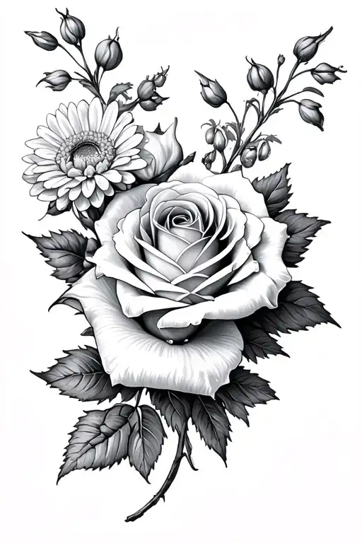 rose, chrysanthemum and larkspur flowers intertwined tattoo design idea