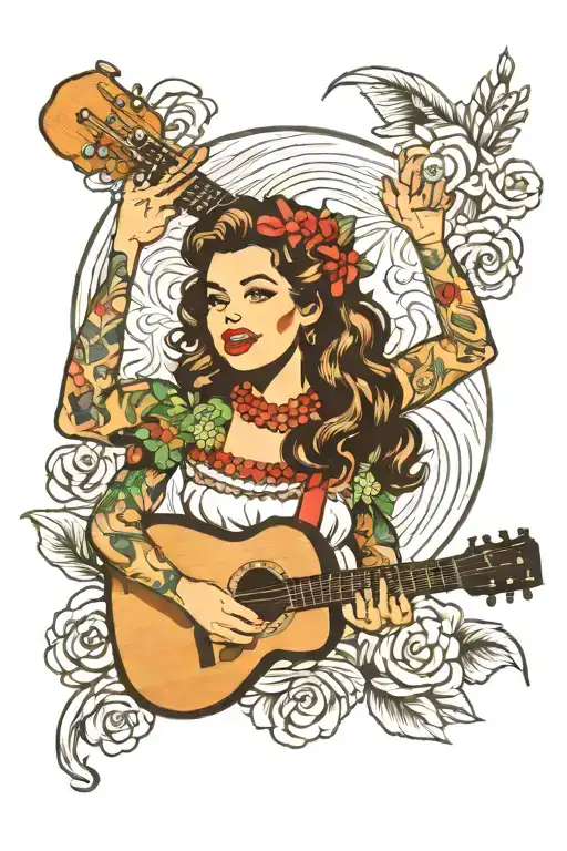 hula pin up girl holding ukulele tattoo design idea