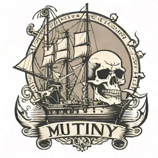 Cargo ship with a crane behind and a skull and anchor with the text Mutiny tattoo design idea