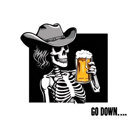 quote: "If you go down..." with a small skeleton wearing a cowboy hat and holding up a beer like shes making a toast tattoo design idea