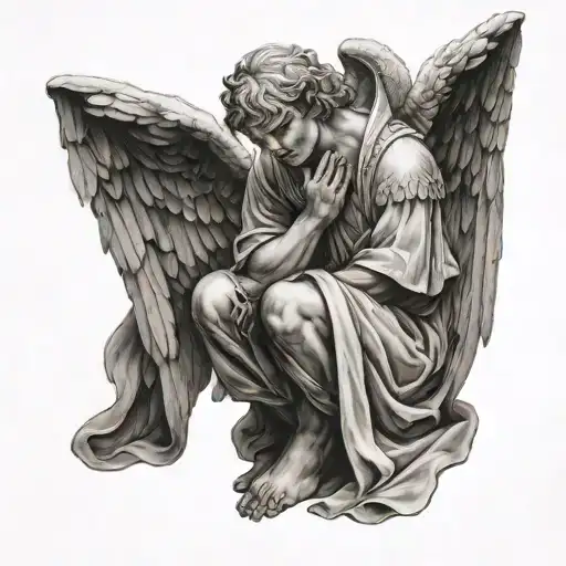 an angel sitting down and praying looking down tattoo design idea