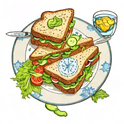 tuna salad sandwich on grilled sourdough with lettuce tomato and cucumber. on a blue and white china plate tattoo design idea