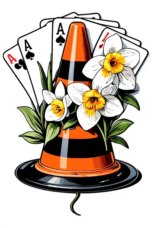 traffic cone with narcissus flowers and playing cards tattoo design idea