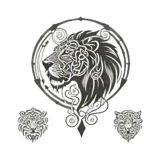 A lion made out of musical notes intertwined with the names of family members in a blackwork style tattoo design idea
