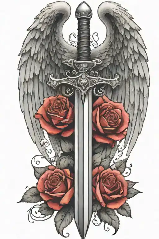angel wings behind a sword, roses tattoo design idea
