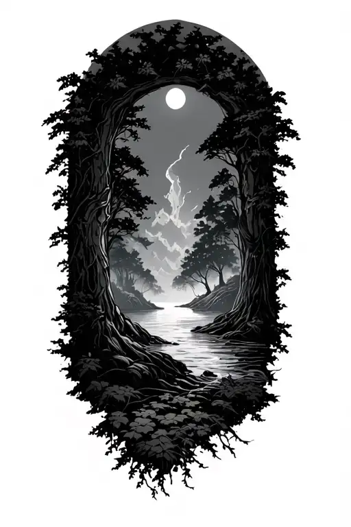 biblical nature scene with negative spaces  tattoo design idea