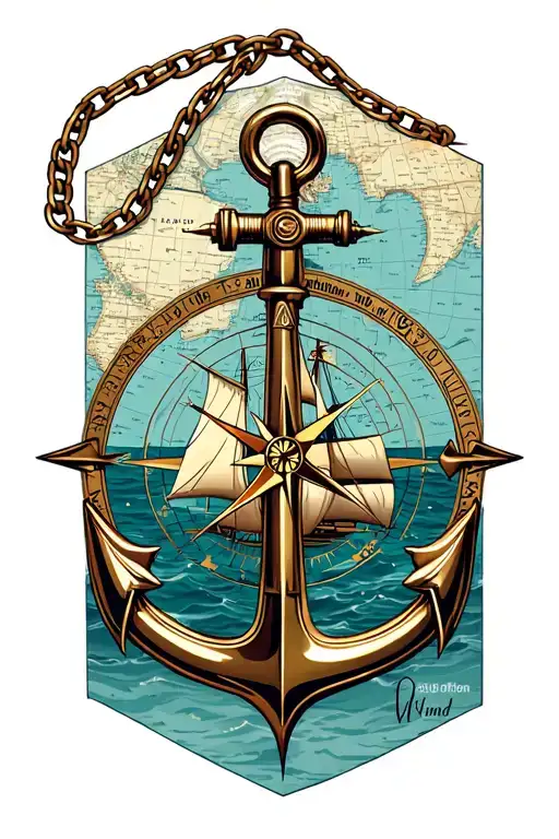 Anchor with compass wind rose nautical map and a sailboat on a chain tattoo design idea