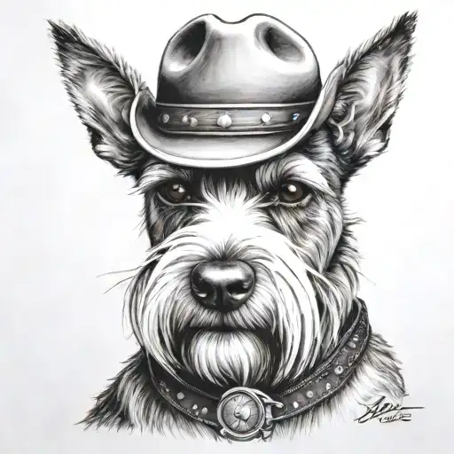 salt and pepper schnauzer with cowboy hat and brown eyes and a collar looking with western pistol tattoo design idea