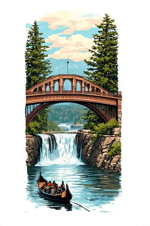 Monroe Street Bridge in Spokane, WA with gondolas and waterfall  tattoo design idea