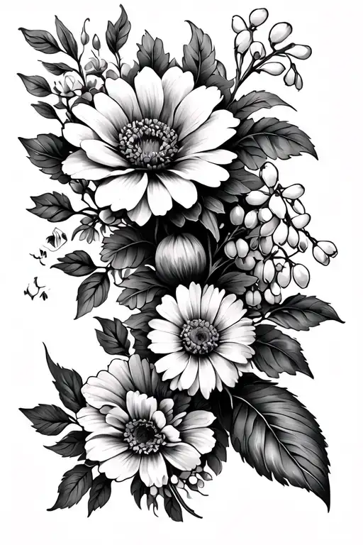 spine tattoo with flowers that include carnation, snowdrop, daisy, lily of the valley, honeysuckle, rose, and morning gl tattoo design idea