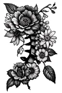 spine tattoo with flowers that include carnation, snowdrop, daisy, lily of the valley, honeysuckle, rose, and morning gl tattoo design idea