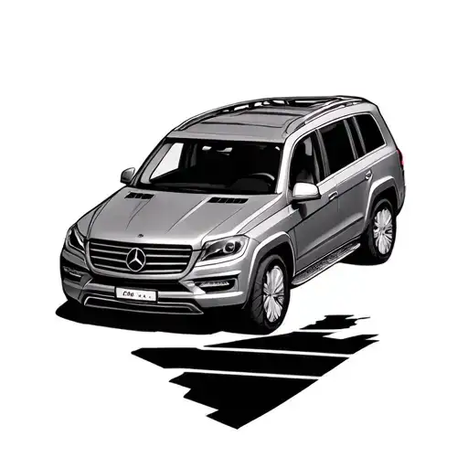 Black and grey realism tattoo design, fine line work. A 2010 Mercedes-Benz GL and a 2015 Volkswagen Touareg silhouette p tattoo design idea