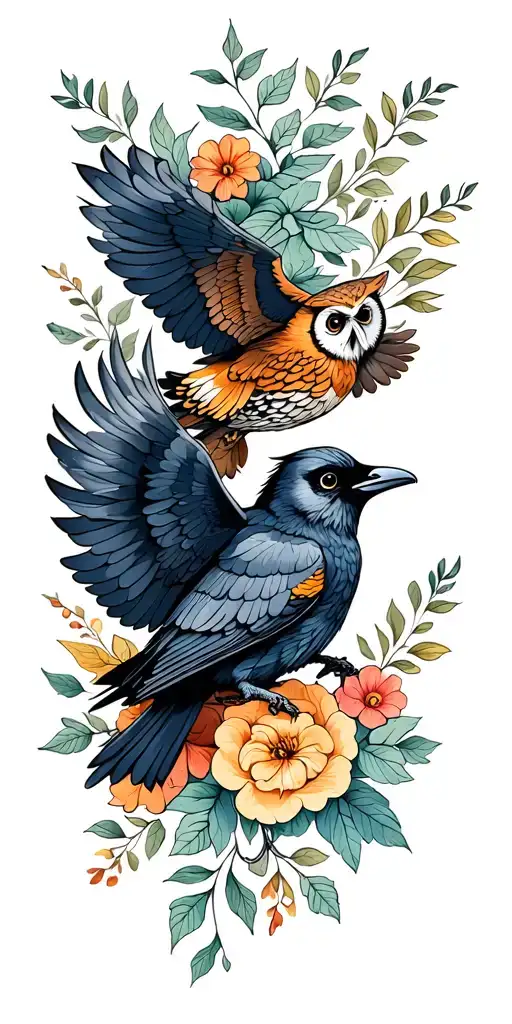 crow and owl flying in the air surrounded by leafs and flowers tattoo design idea