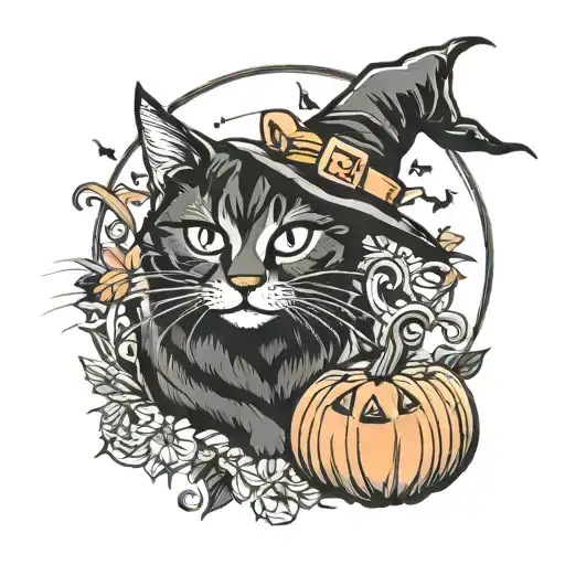 cat + halloween + witch tattoo design idea