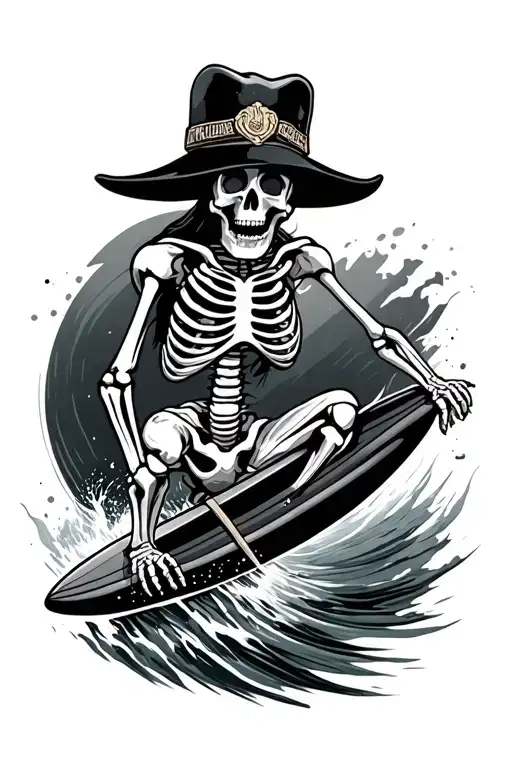 Skeleton surfing with a padre hat on top tattoo design idea