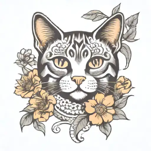 cat with cempasuchil flowers tattoo design idea
