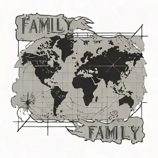 world map  outline with three ogham names of family above tattoo design idea