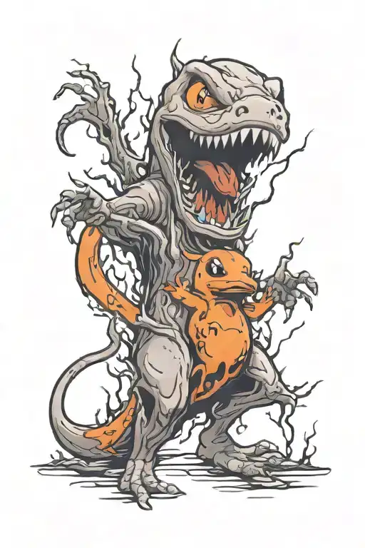 horror charmander gory scene tattoo design idea