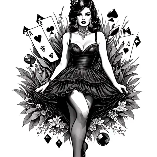 A sexy woman in a Rockabilly style dress, surrounded by playing cards and gemstones in a nature-inspired setting tattoo design idea