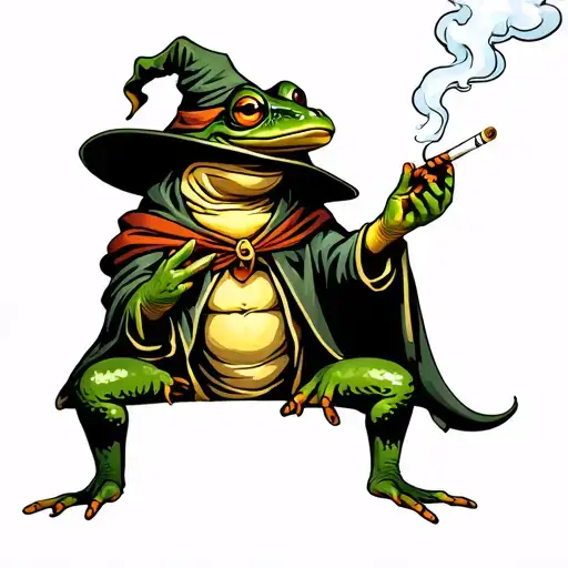 frog in wizzard hat and cloak with  cigarette in one hand, blowing out smoke tattoo design idea