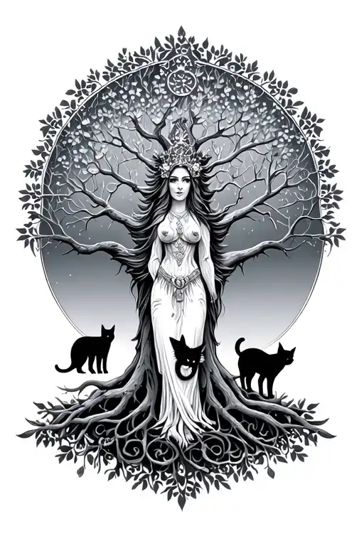 godess freya as tree of life with cats in the tree tattoo design idea