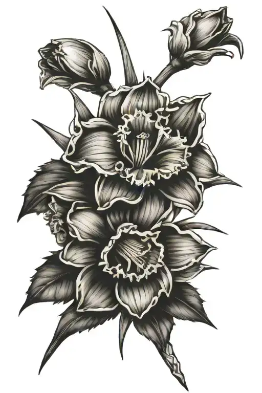 carnation daffodil marigold narcissus with a basic cross and crown of thorns around the bottom tattoo design idea