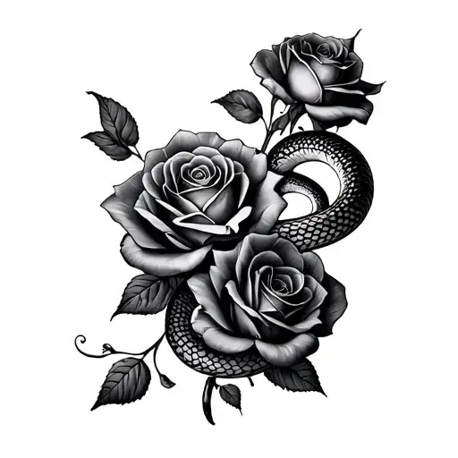 open face roses and snake tattoo design idea