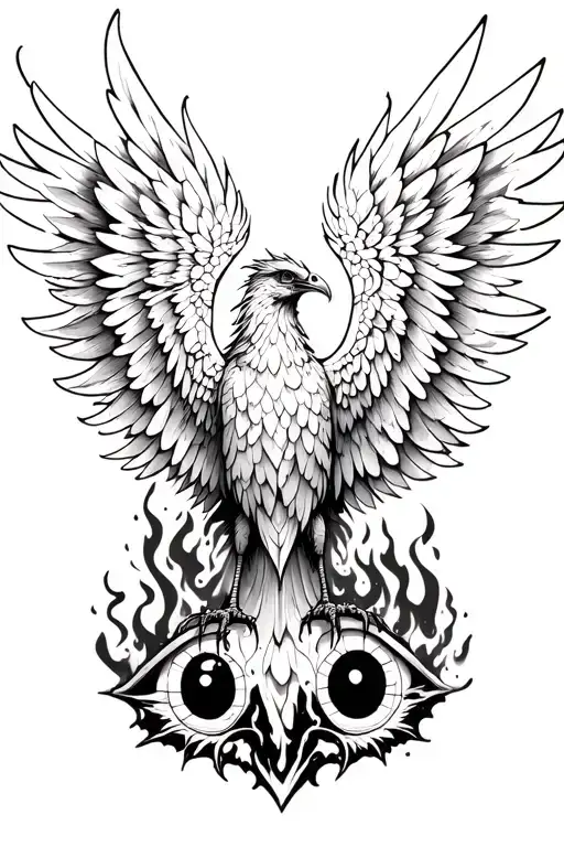 burning wing of a phoenix rising from the ashes symbolizing rebirth, sharingan eyes tattoo design idea