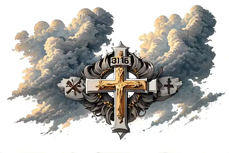 A shoulder blade tatto with clouds, 3 crosses and a spartan helmet with 3:16 on the middle cross tattoo design idea