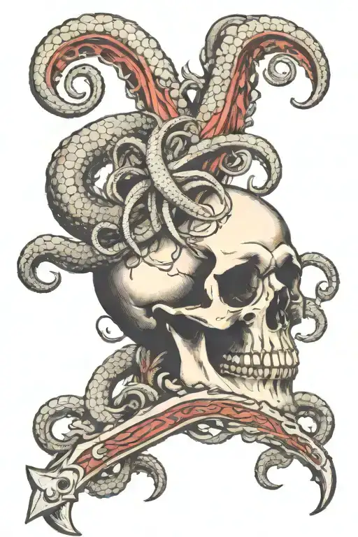 A dagger with the blade piercing through the eye of a skull surrounded by tentacles of a kraken tattoo design idea