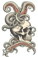 A dagger with the blade piercing through the eye of a skull surrounded by tentacles of a kraken tattoo design idea