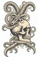 A dagger with the blade piercing through the eye of a skull surrounded by tentacles of a kraken tattoo design idea