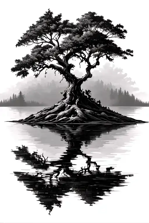 Tree on a loan island. the tree is alive and well however the reflection in the water reveals a tree that is burned  tattoo design idea