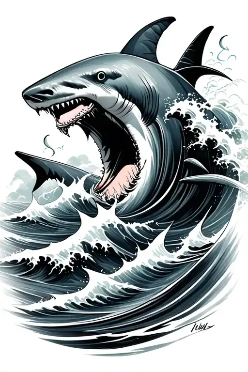 Ocean Wave, Storm, Sharks swimming, Trident tattoo design idea