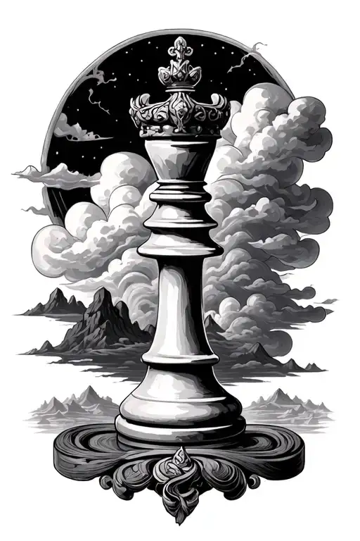 king chess piece with filler clouds landscape tattoo design idea